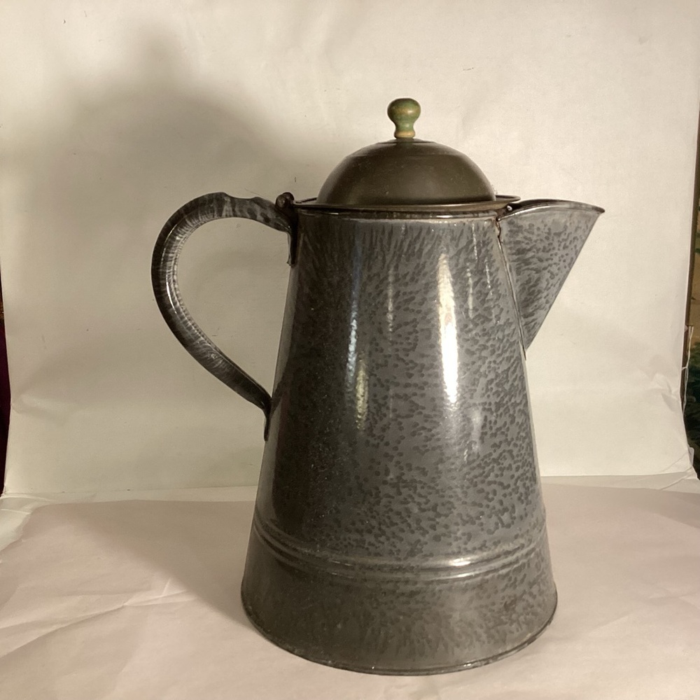 Gray granite coffee pot, tin lid and green wooden knob